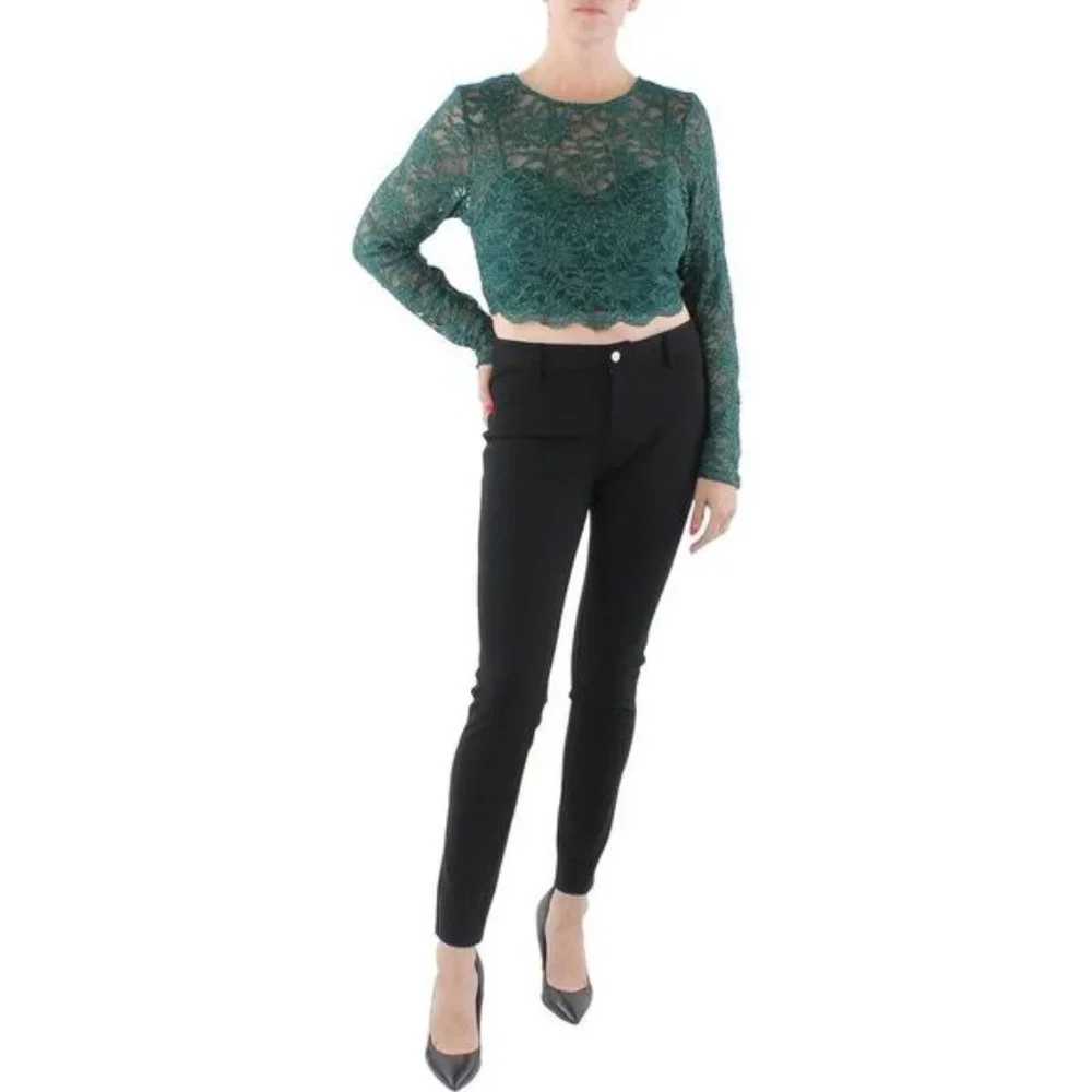 City Studio Emerald Green Lace Glitter Long Sleeves Cropped Top Juniors NWT